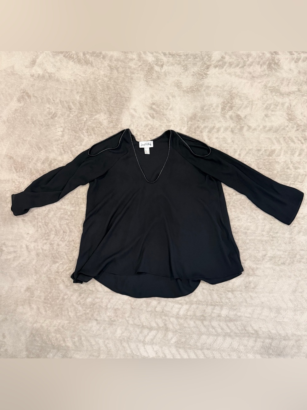 Joseph Ribkoff Elegant Chic Black Cold Shoulder Rhinestone Trim Blouse Top Size